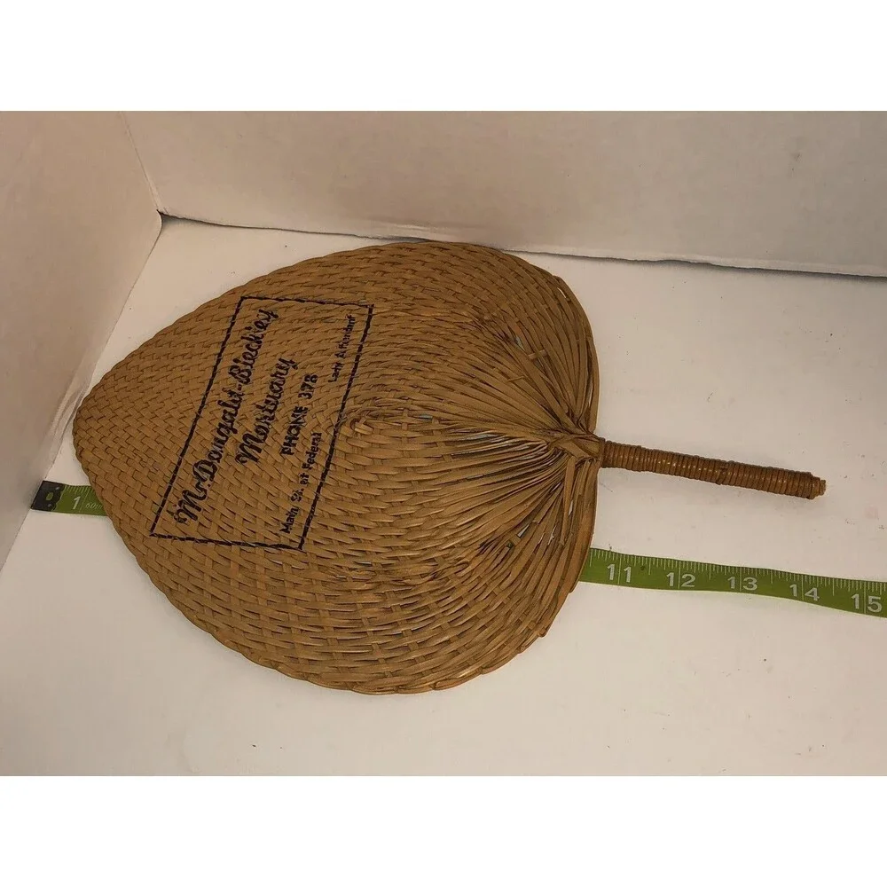 Vintage 20s 30s Wicker Woven Hand Fan McDougald-Bleckley Mortuary ANDERSON SC